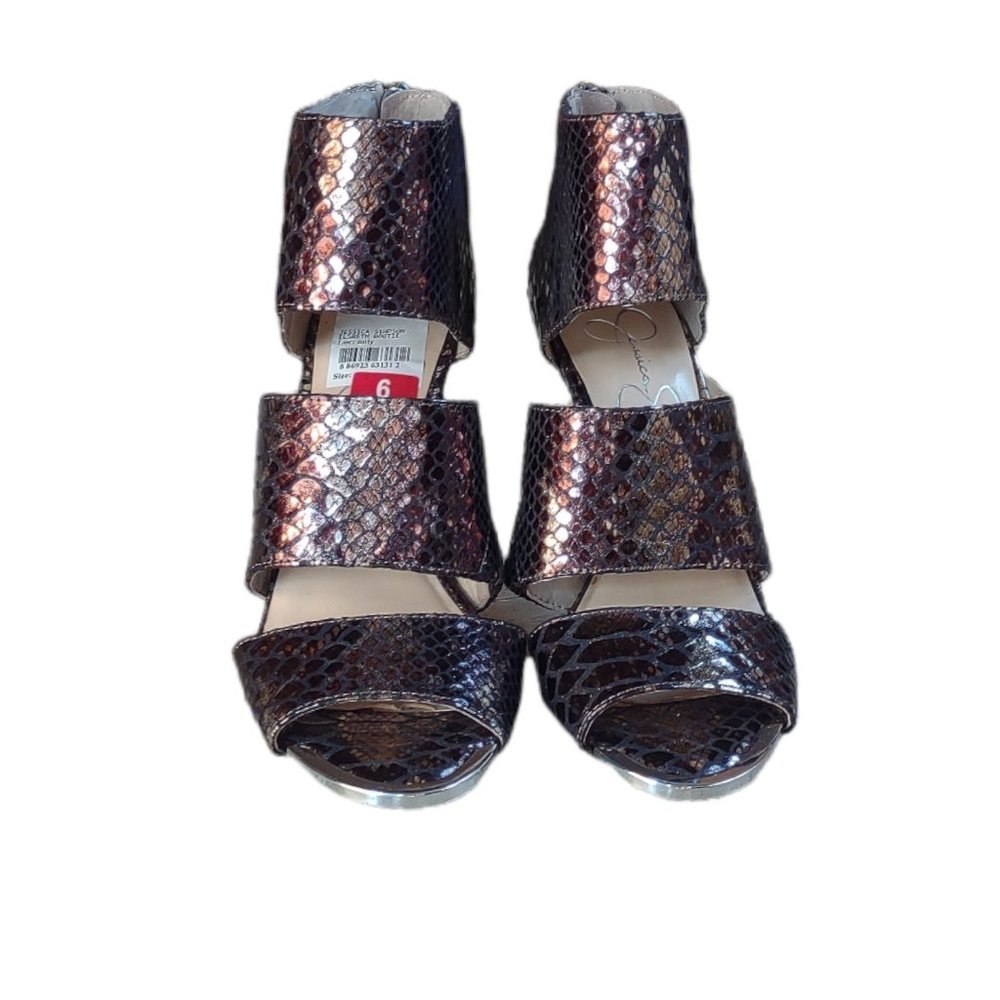 Jessica Simpson Elsbeth Bronze Snakeskin Open Toe Strappy Heel Pumps NWT 6